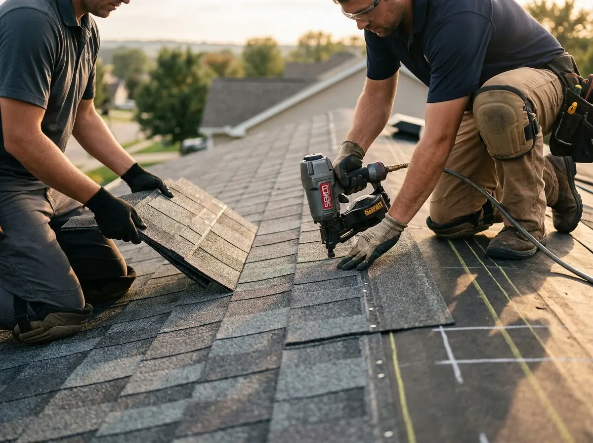 Professional roofer working on a residential roof in Dennis